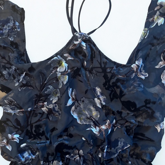 ABS by Allen Schwartz Navy Blue Floral Velvet Burnout Midi Dress Size 10 - Picture 5 of 7